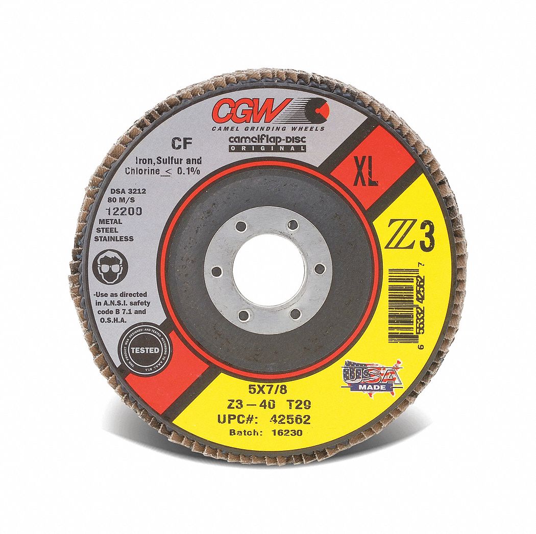 CGW ABRASIVES FLAP SANDING DISC, RESINBOND, TYPE 29, 40 GRIT, 5 X 7/8