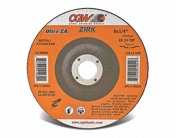 CUT-OFF WHEEL, GRADE T, 24 GRIT, TYPE 27, 10,200 RPM, 6 X 1/4 IN, 7/8 IN ARBOR, ZIRCONIA