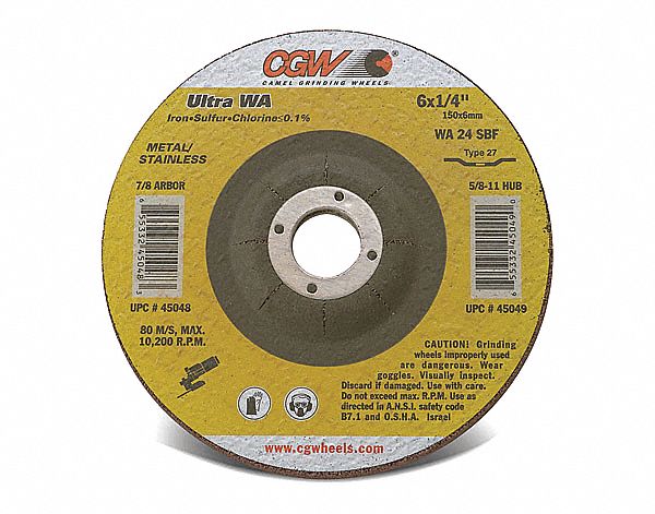 CUT-OFF WHEEL, GRADE S, 24 GRIT, TYPE 27, 10,200 RPM, 6 X 1/4 IN, 7/8 IN ARBOR, ALUMINUM OXIDE