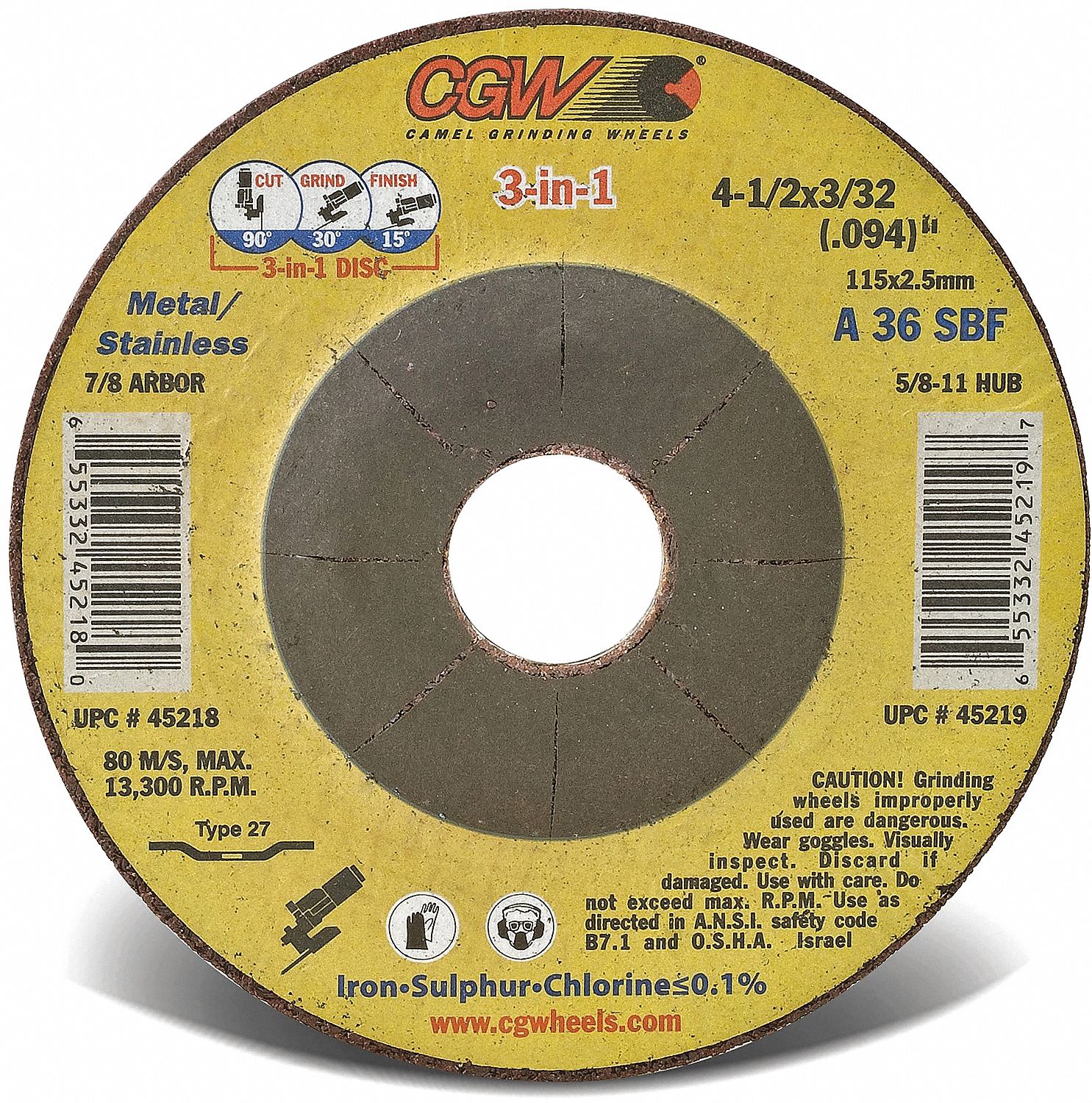 3-IN-1 WHEEL, GRADE S, TYPE 27, 8,600 RPM, 36 GRIT, 7 X 3/32 IN, 7/8 IN ARBOR