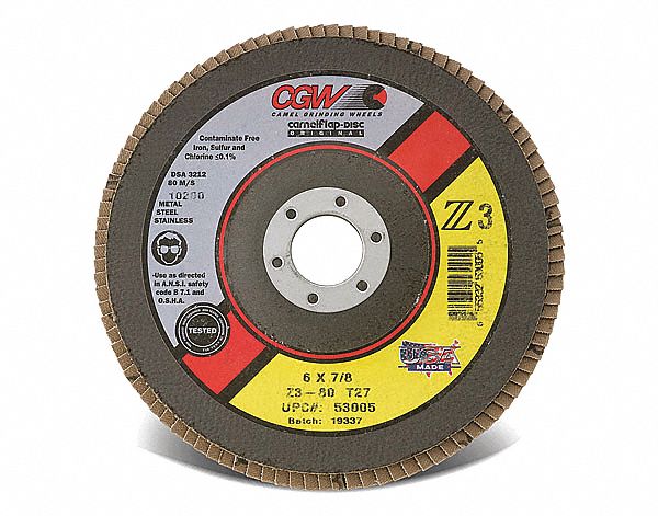 FLAP SANDING DISC, RESIN-BOND, TYPE 27, 80 GRIT, 6 X 7/8 IN/ REG THICK, Z3 ZIRC/AL GRAIN/POLY