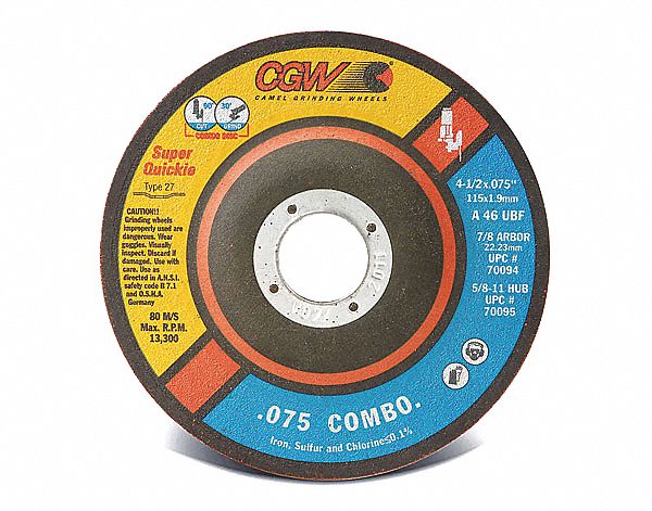 CUT/GRIND WHEEL, TYPE 27, 24 GRIT, 13,300 RPM, GRADE U, 46 GRIT, 4 1/2 X 5/64 IN, 7/8 IN ARBOR