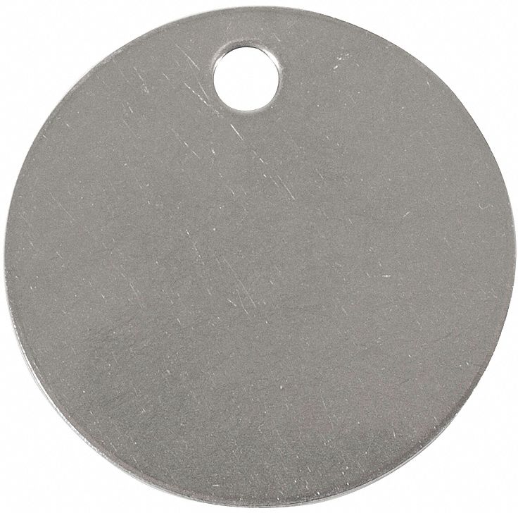 VALVE TAGS, ROUND, BLANK, 1 1/2 IN, STAINLESS STEEL, PKG 100