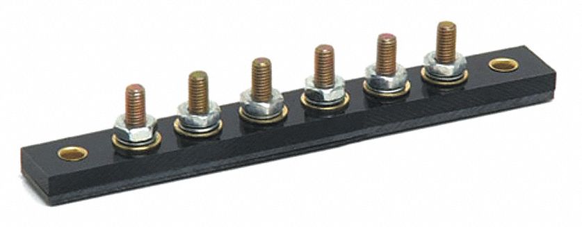 ELECTRICAL TERMINAL BLOCK, #10-32 STUD TYPE, 6 POLES, 3.18 X 5/8 X 27/32 IN, 3/16 IN, PLASTIC