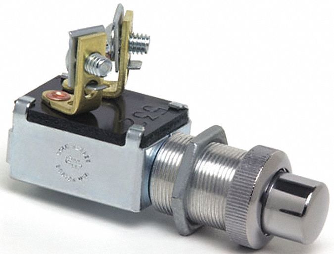 INTERRUPTEUR À BOUTON-POUSSOIR MOMENTANÉ,RENFORCÉ,2 BORNES À VIS,36 VDC,22.09 MM X 5/8"-32,ACIER