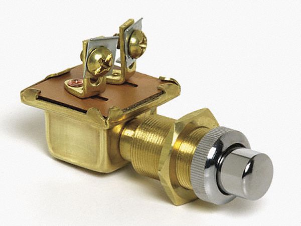 PUSH BUTTON SWITCH, 10 AMPS, 12 VDC, CORROSION RESIST, SPST, 5/8 IN - 32 STEM DIAMETER, BRASS CASE