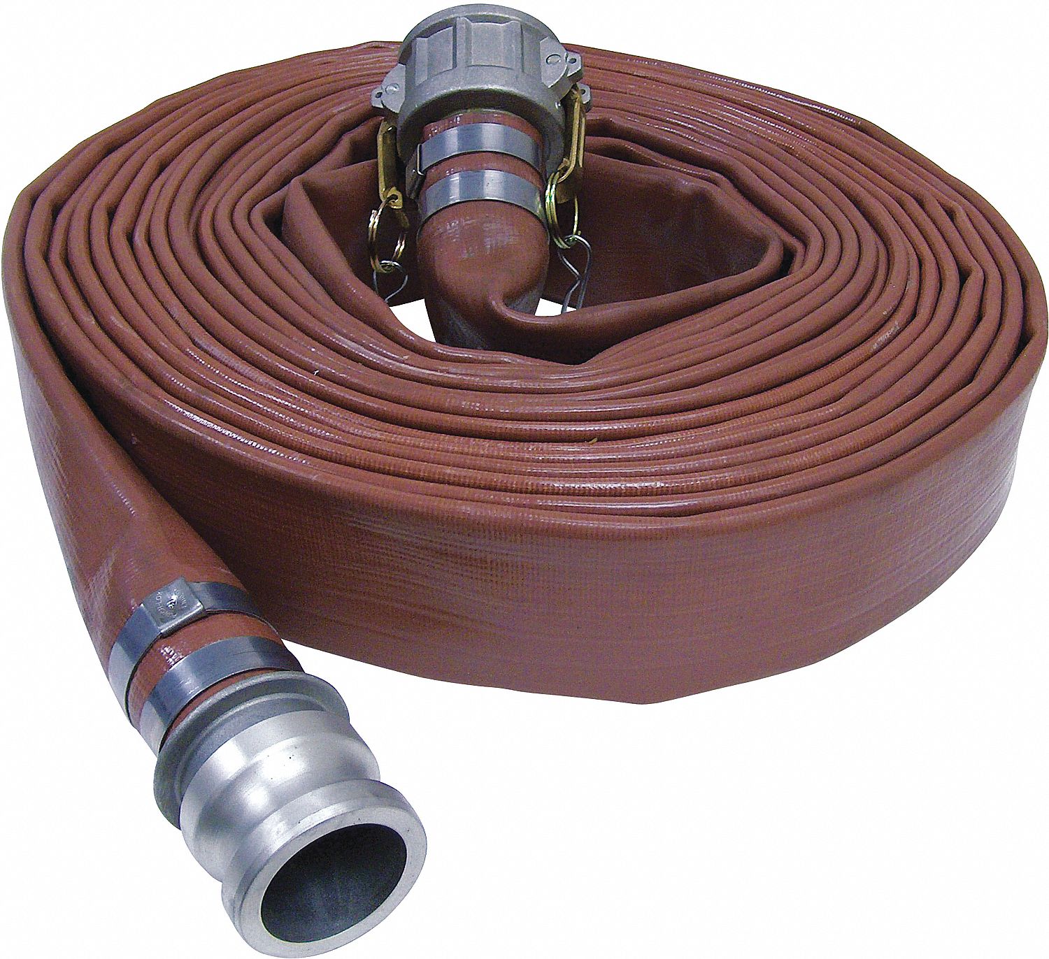 HEAVY-DUTY LAYFLAT HOSE ASSEMBLY W C/E CAMLOCK, BROWN, 2 IN X 50 FT