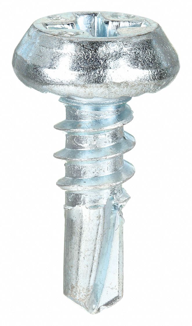 Self-Drilling Screw: #10 Size, 1/2 in Lg, Steel, Zinc-Plated, Pan, Phillips, 10, 000 PK