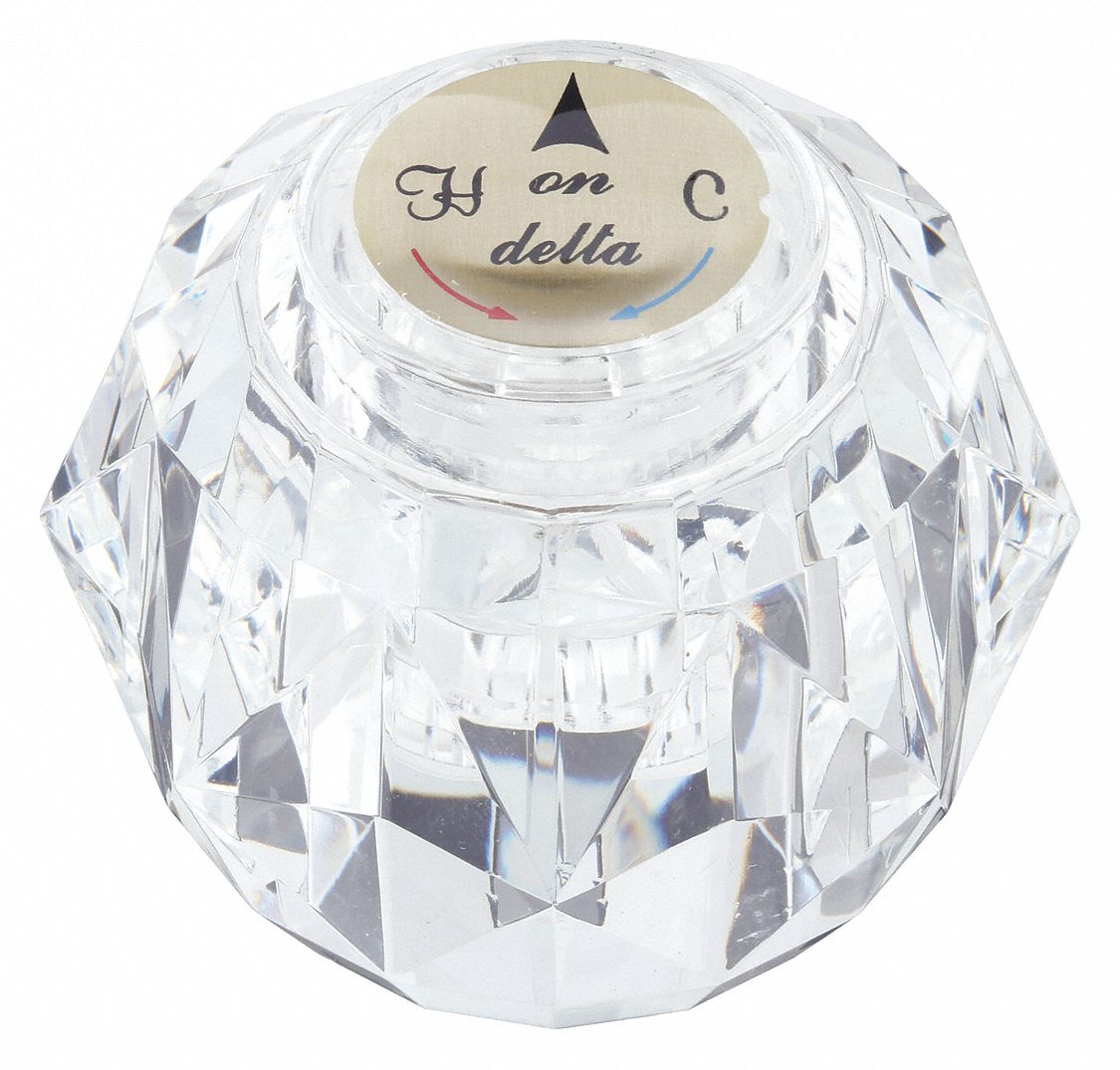 Handle: Delta, Knob Handle, Use with Hot/Cold Water Temp, Plastic, Clear Finish, Button/Set Screw