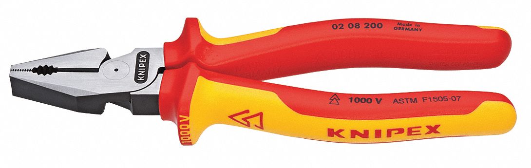 Linemans Plier: Insulated, Flat, 8 in Overall Lg, 1 1/2 in Jaw Lg, 1 1/4 in Jaw Wd, 5/8 in Jaw Thick