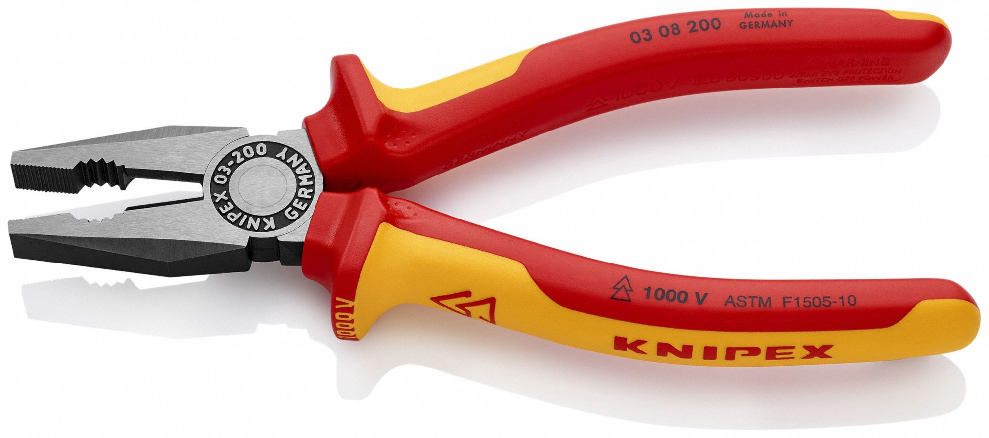 KNIPEX Linemans Plier Insulated, Flat, 8 in Overall Lg, 1 5/8 in Jaw