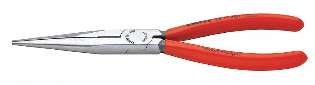 NEEDLE NOSE PLIER, 1 IN MAX JAW OPENING, 8 IN OVERALL L, 2⅞ IN JAW L, ⅛ IN TIP W, SERRATED