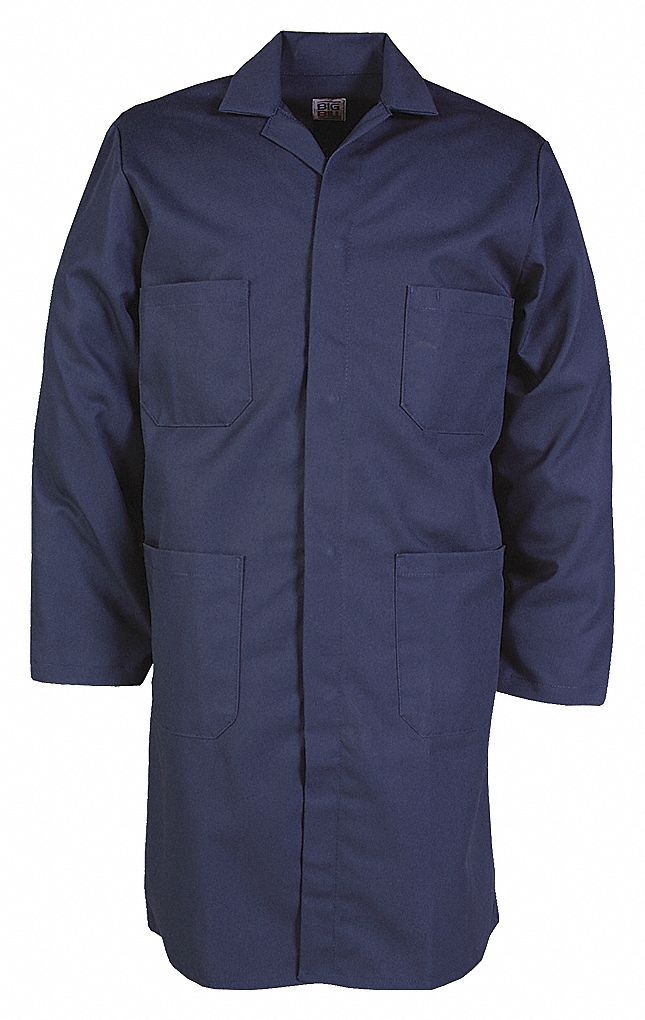 WELDER SHOP COAT, PRE-SHRUNK, SNAP FRONT/3 POCKETS, SIZE 50, NAVY, 8.2 OZ, COTTON