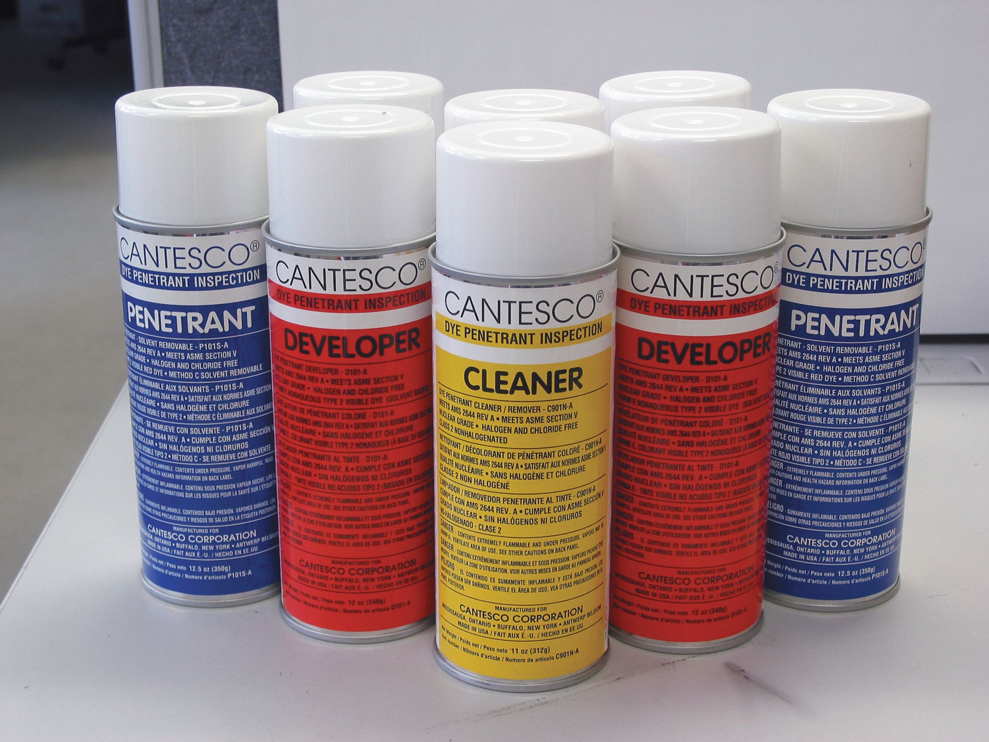 TEST KIT, DYE INSPECTION, PENETRANT, CLEANER, DEVELOPER, AEROSOL, SPOT-CHECK, SOLVENT BASED, 8 CANS