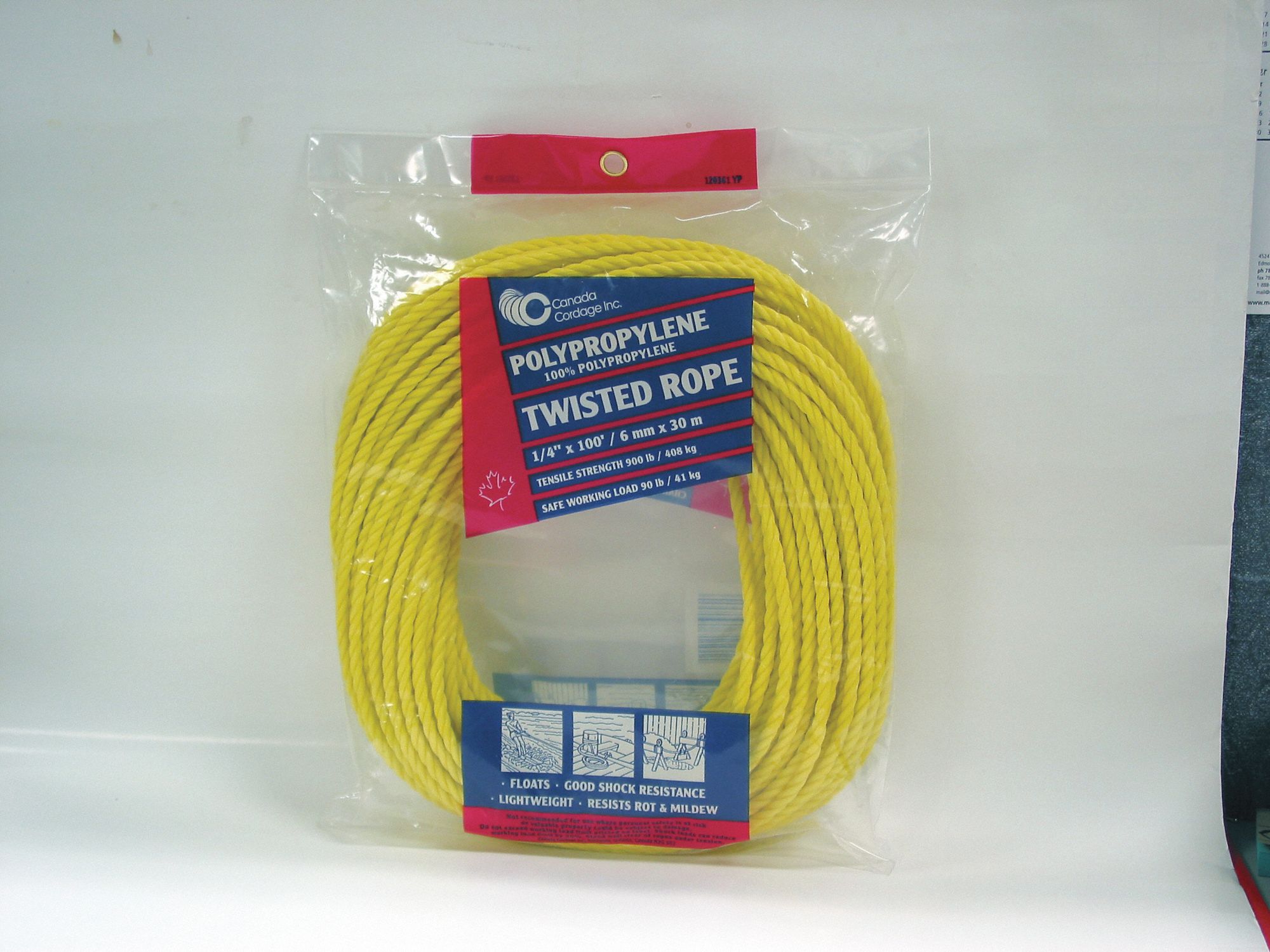 ROPE, TWISTED, 3-STRAND, 900 LB TENSILE STRENGTH, 90 LB LOAD LIMIT, YELLOW, 100 FT X 1/4 IN DIA, PP