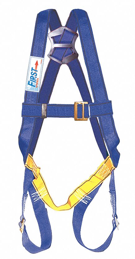 SAFETY HARNESS, 3 POINT, BUCKLE, 310 LB, UNIVERSAL SIZING, BLUE, STEEL W/ POLYESTER