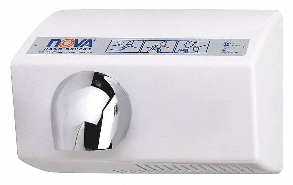 HAND DRYER, AUTO, BRUSHLESS, SURFACE-MOUNTED, 120 V, WHT, 8.7 X 12 X 9.3 IN, ALUMINUM COVER