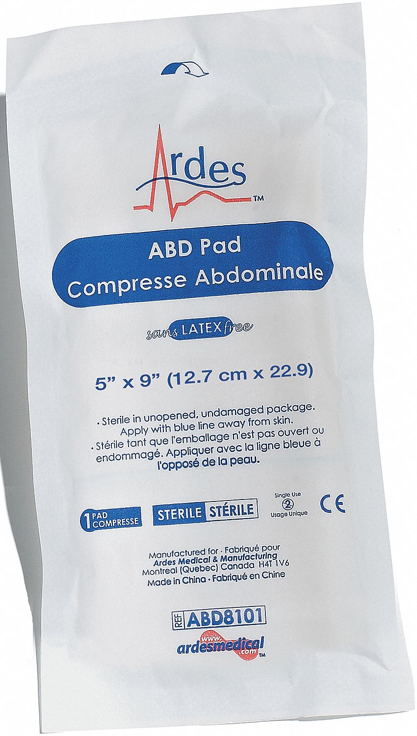 ABDOMINAL PAD, HI ABSORB, FOLDABLE, LATEX FREE, STERILE, 5 X 9 IN