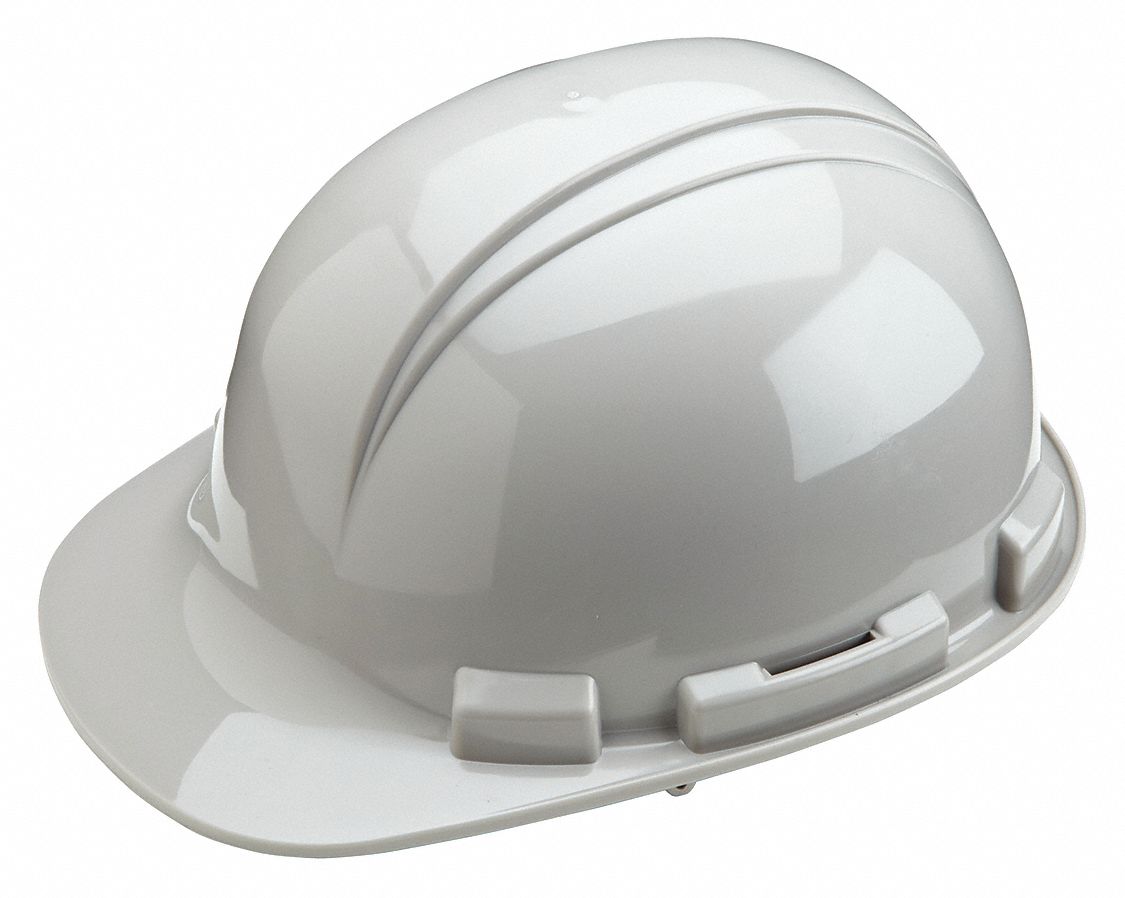 CASQ SÉC,TYPE 1,CSA E,BORD AVANT,CLIQUET À 4 POINTS,GRIS,TLE 6 1/2-8,PE