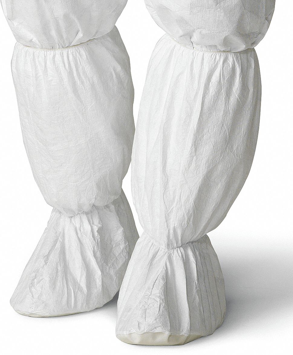 BOOT COVERS, ANKLE TIES, SERGED SEAMS, WHITE, SIZE X LARGE, 18 IN, PVC/DUPONT TYVEK/GRIPPER, ELASTIC