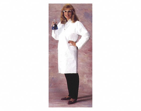 LAB COAT, DISPOSABLE, 2 POCKETS, SNAP FRONT, SERGED SEAM, WHITE, 3XL, 48 3/4 TO 52 1/4 IN, OLEFIN