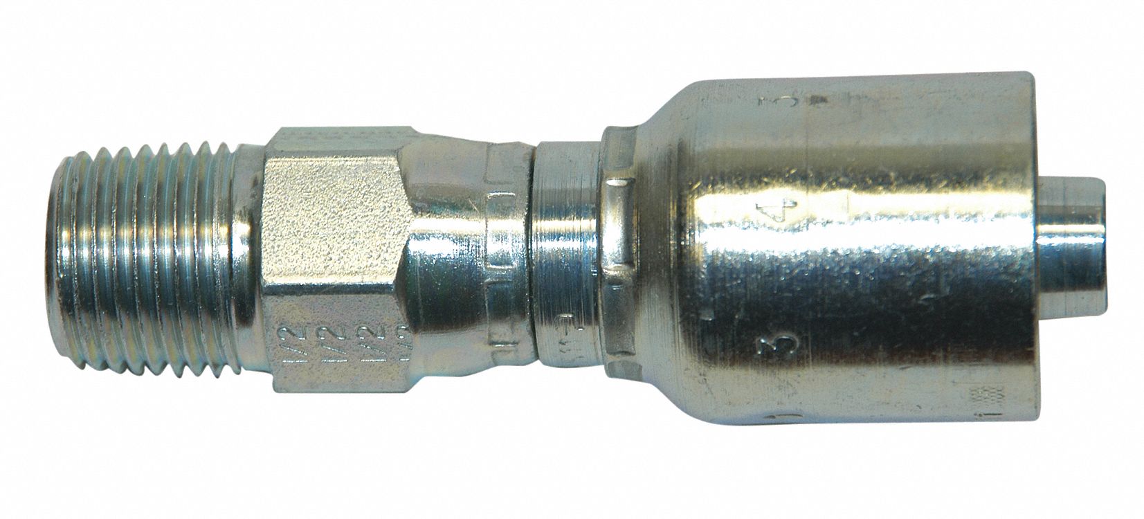 HYDRAULIC HOSE FITTING, PERMANENT, BARBED, CRIMPED, NPTF, SWIVEL, MALE, 3/8