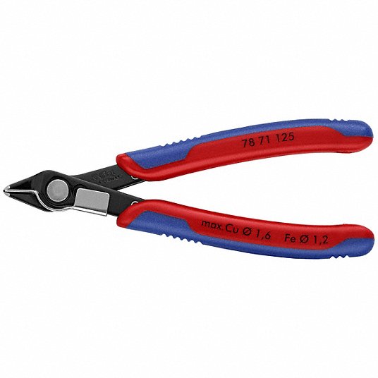 Precision Nippers: 5 in Overall Lg, For 0.06 in Max Wire Thick, 1/2 in Jaw Wd, Steel