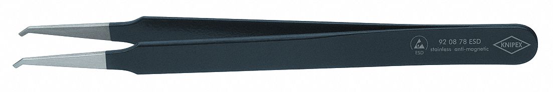 Precision Tweezers: Stainless Steel, Flat, Bent Tip, 0.6 mm Tip Thick