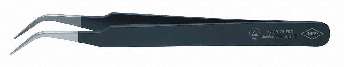Precision Tweezers: Stainless Steel, Point, Curved Tip, 0.25 mm Tip Thick