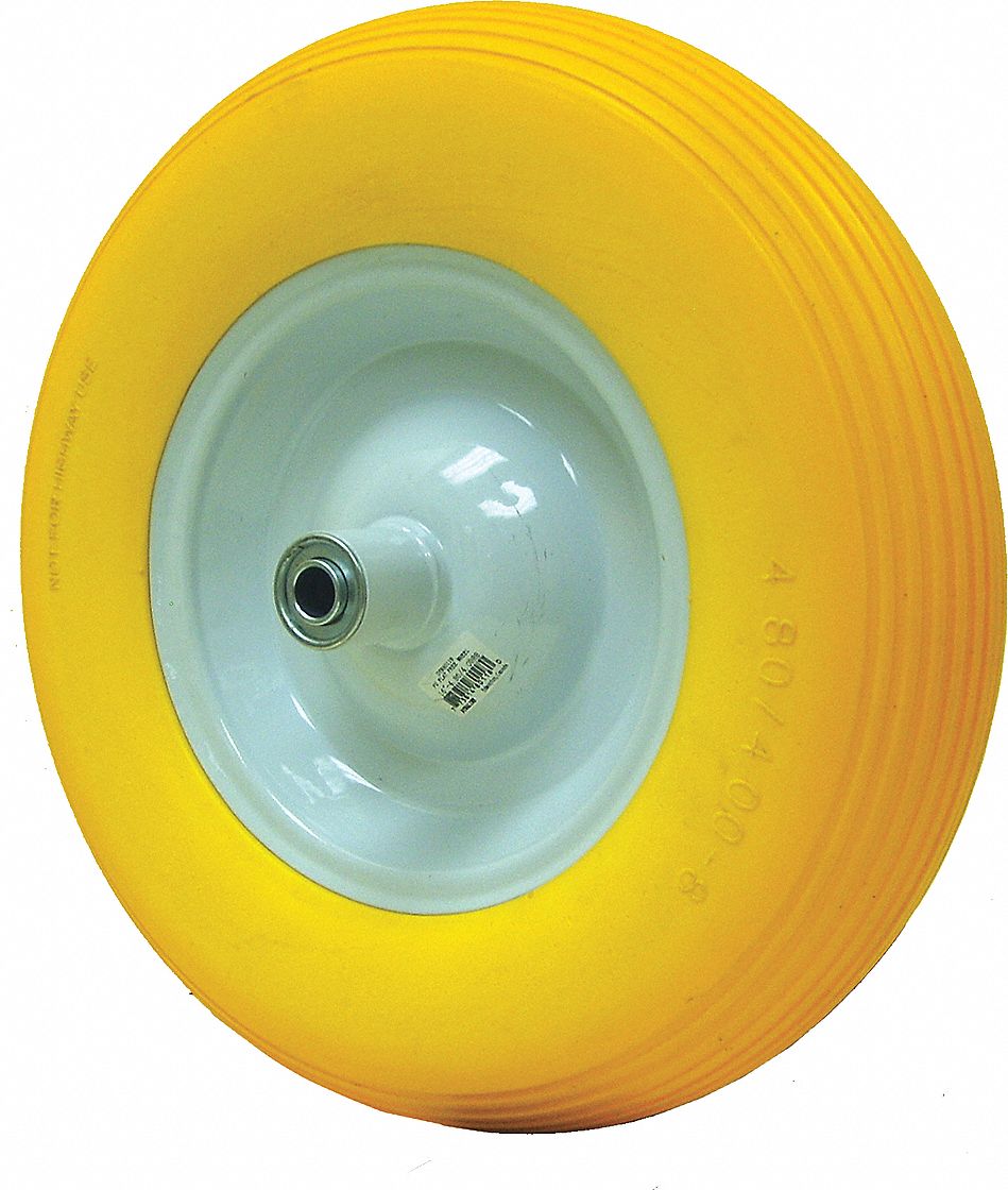 FLAT FREE WHEELBARROW WHEEL, YELLOW, 15.5 IN TIRE SIZE, PU, 370 LB LOAD RATING, SMOOTH TREAD