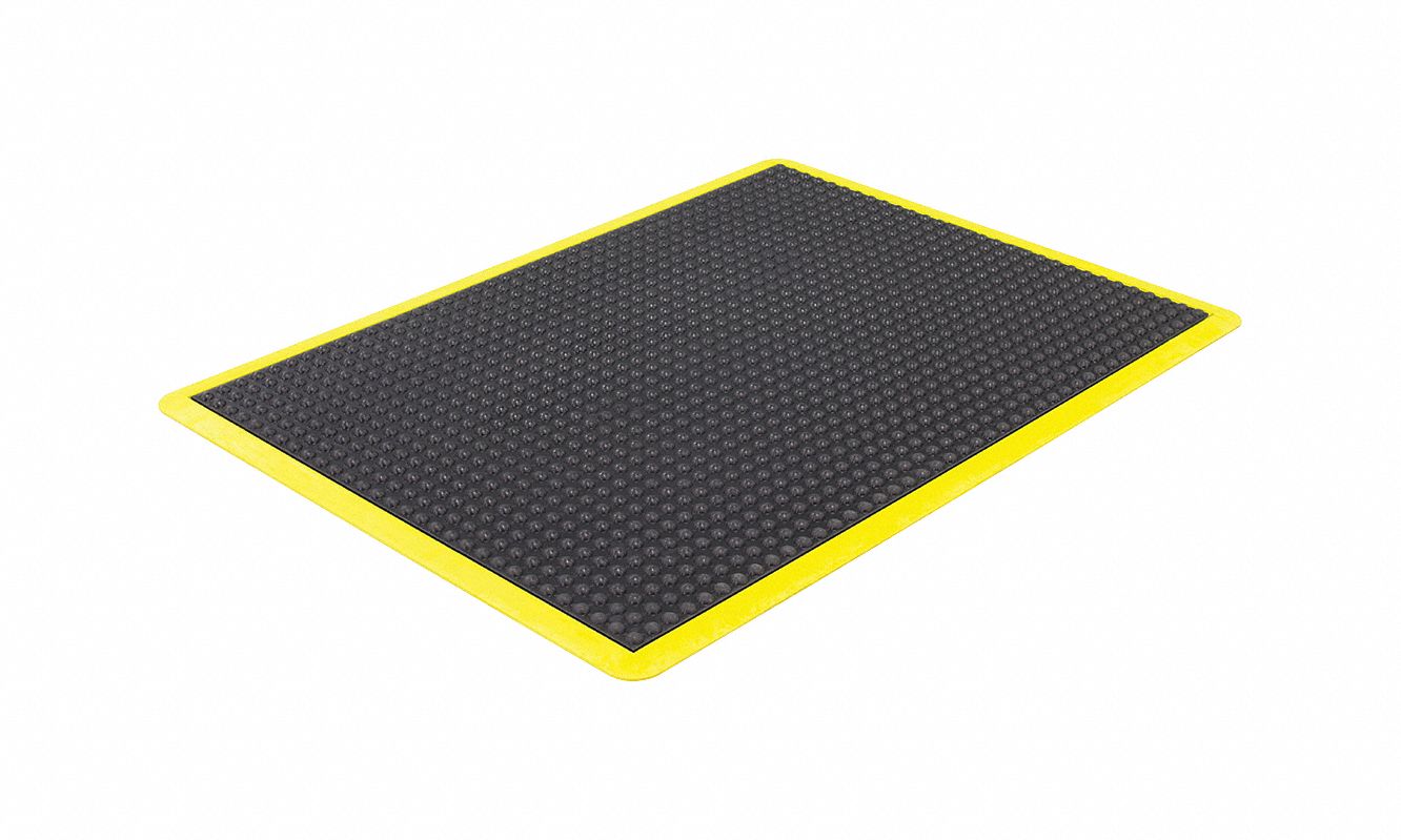 ANTIFATIGUE MAT, BUBBLE, END LINK RECTANGULAR, BEVELLED EDGE, BLK/YLW, 4X3 FT, 5/8 IN THICK, RUBBER