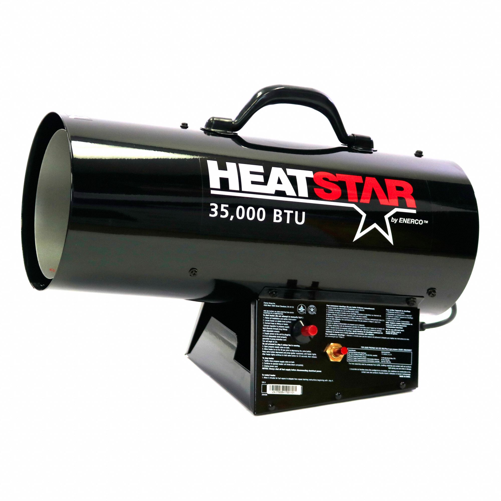 INDUSTRIAL HEATER, HS35FA, 115V AC, 20¾X12¾X9¾ IN, 60 HZ, STEEL, 100 CFM, 800 SQ FT, 35,000 BTUH, INDOOR