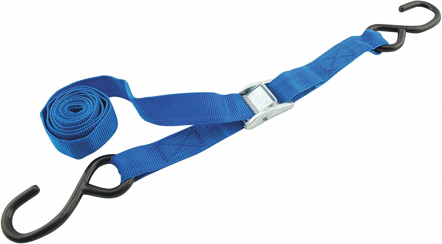 TIE-DOWN STRAP, WITH CAM BUCKLE, LD CAP 300 LB, BLUE, 10 FT X 1 IN, VINYL/PP/ZINC