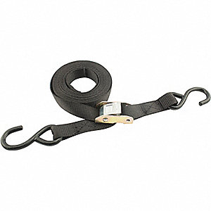 RATCHET STRAP, WIRE HOOK, CAM BUCKLE, LOAD 750 LB, BLACK, 15 FT X 1 IN, NYLON