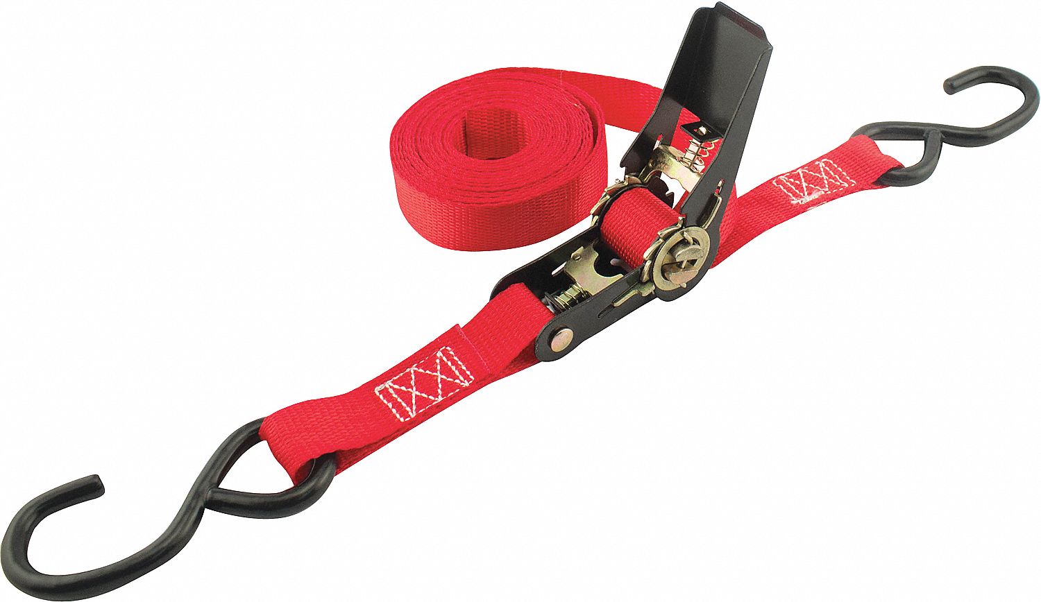 RATCHET STRAP, RED, 1 IN W X 15 FT L, 165 LB LOAD LIMIT, S-HOOK END TYPE, 90-DAY WARRANTY