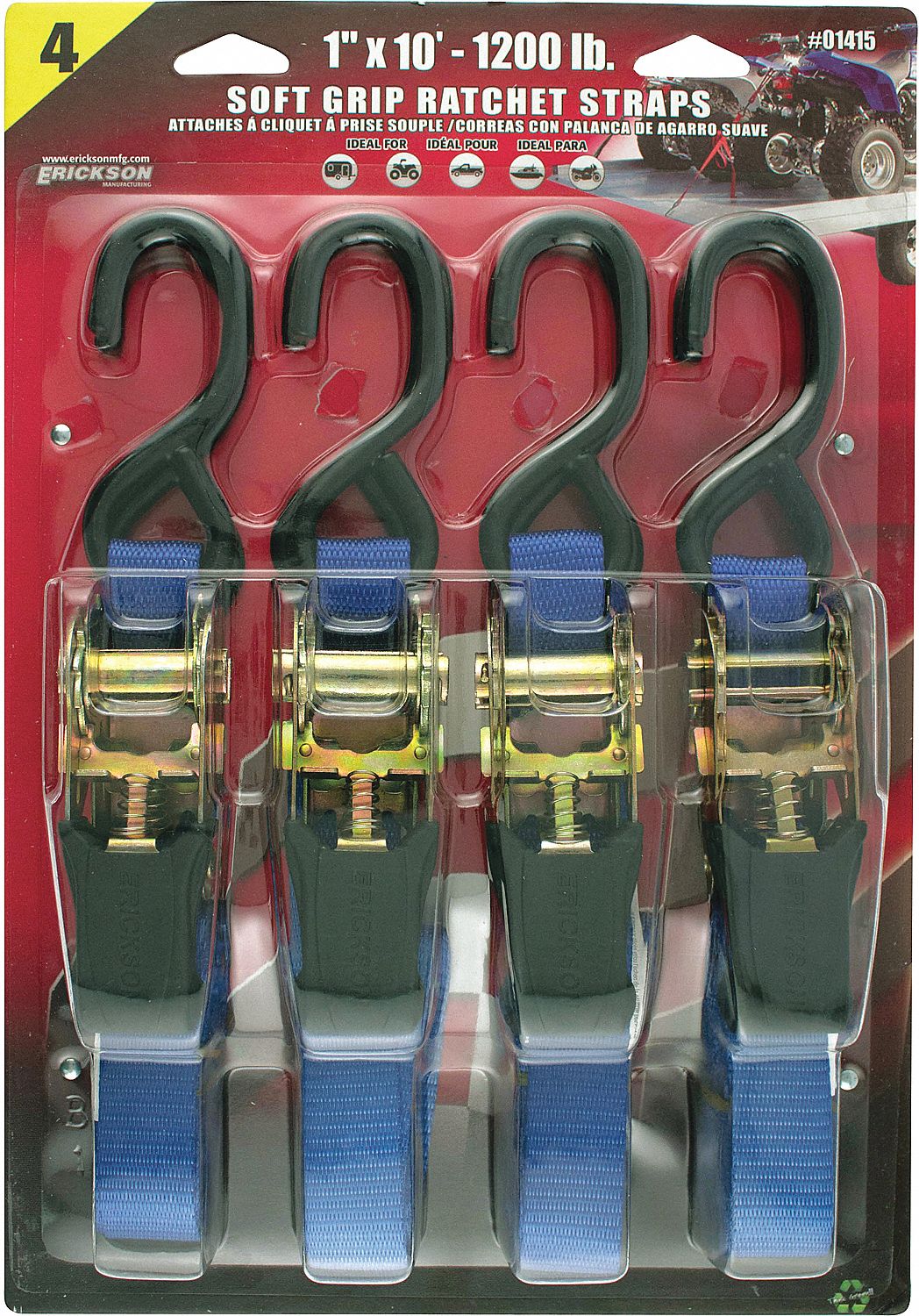 RATCHET TIE-DOWN, BLUE, 1 IN W X 10 FT L, 400 LB LOAD LIMIT, S-HOOK END TYPE, 90-DAY WARRANTY