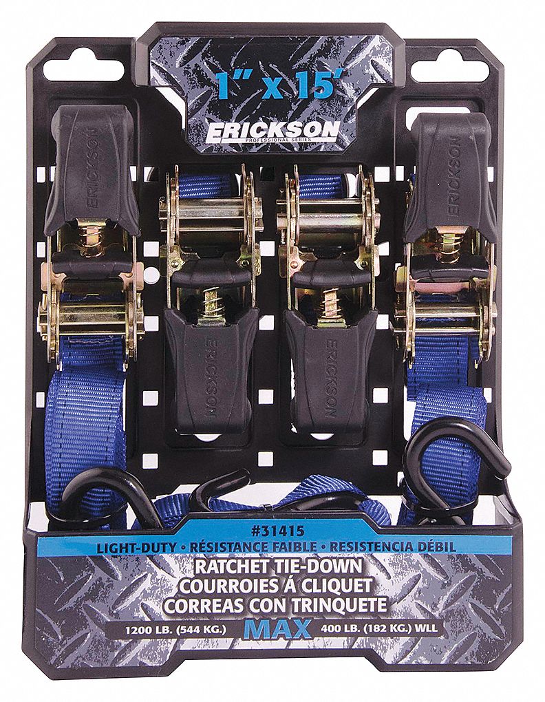 RATCHET TIE-DOWN, BLUE, 1 IN W X 15 FT L, 400 LB LOAD LIMIT, S-HOOK END TYPE, 90-DAY WARRANTY