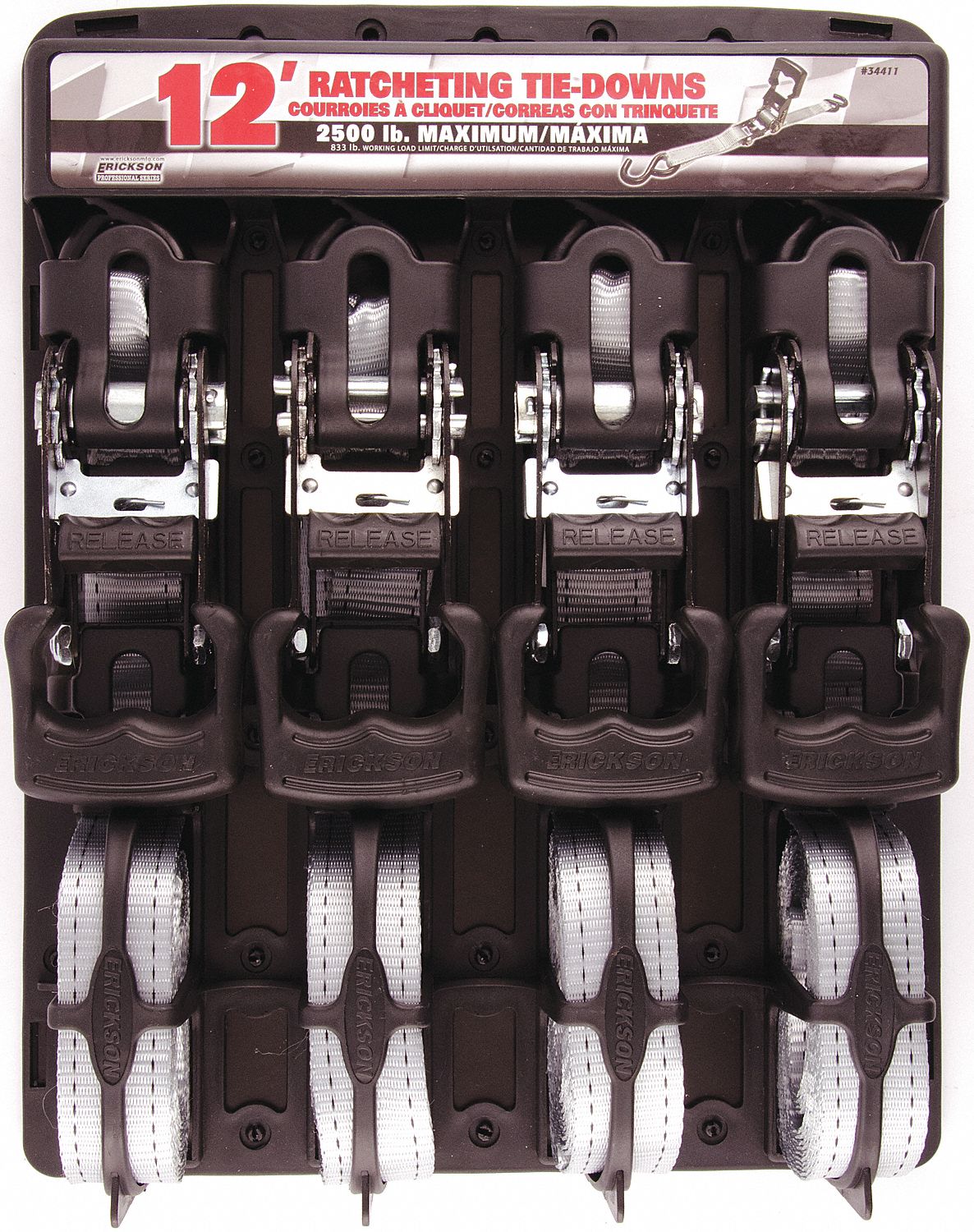 RATCHET STRAP, BREAK 2500 LB, LOAD 833 LB, SILVER, 12 FT X 1 1/4 IN, RUBBER/VINYL/STEEL, PKG 4