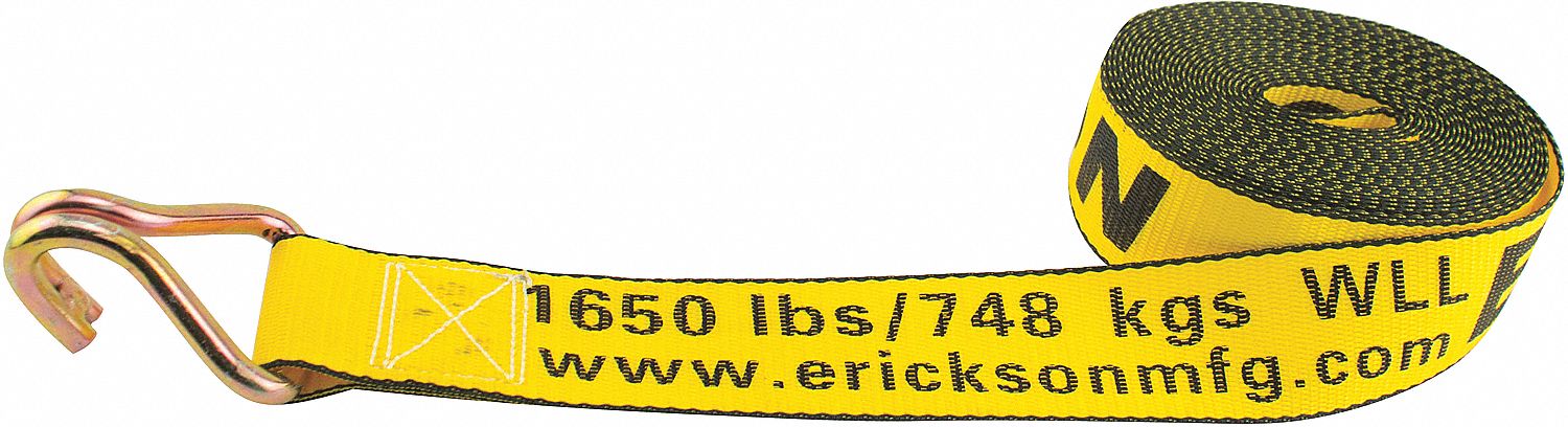 WINCH STRAP, YELLOW, 2 IN W X 27 FT L, 1,650 LB LOAD LIMIT, J-HOOK END TYPE, 90-DAY WARRANTY