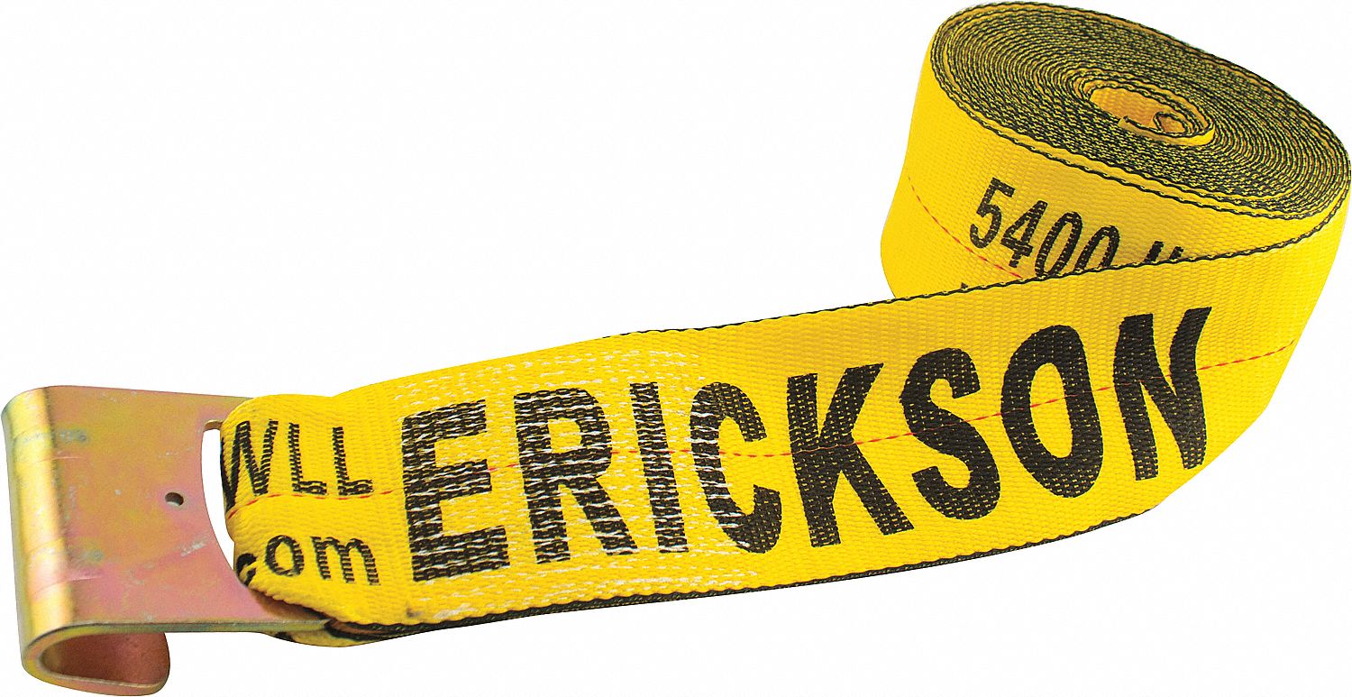 WINCH STRAP, W/FLAT HOOK, 16200 LB BREAK STRENGTH/5400 LB WLL, 30 FT X 4 IN, YLW, POLYESTER/STEEL