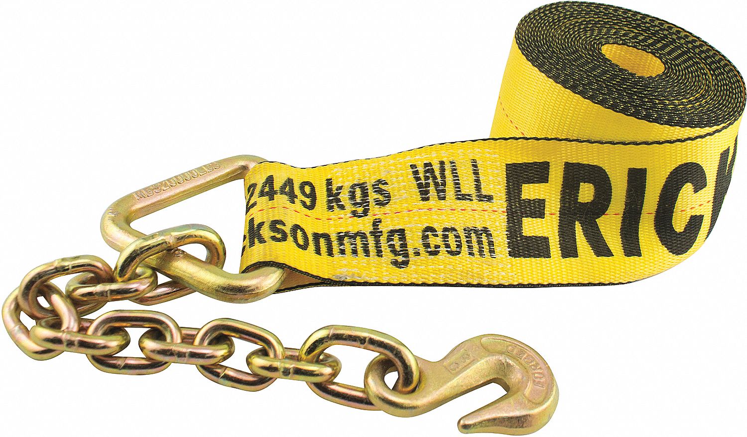 WINCH STRAP, W/CHAIN/HOOK, 15,000 LB BREAK STRENGTH/5,000 LB WLL, YLW, 30 FT X 4 IN, POLYESTER/STL