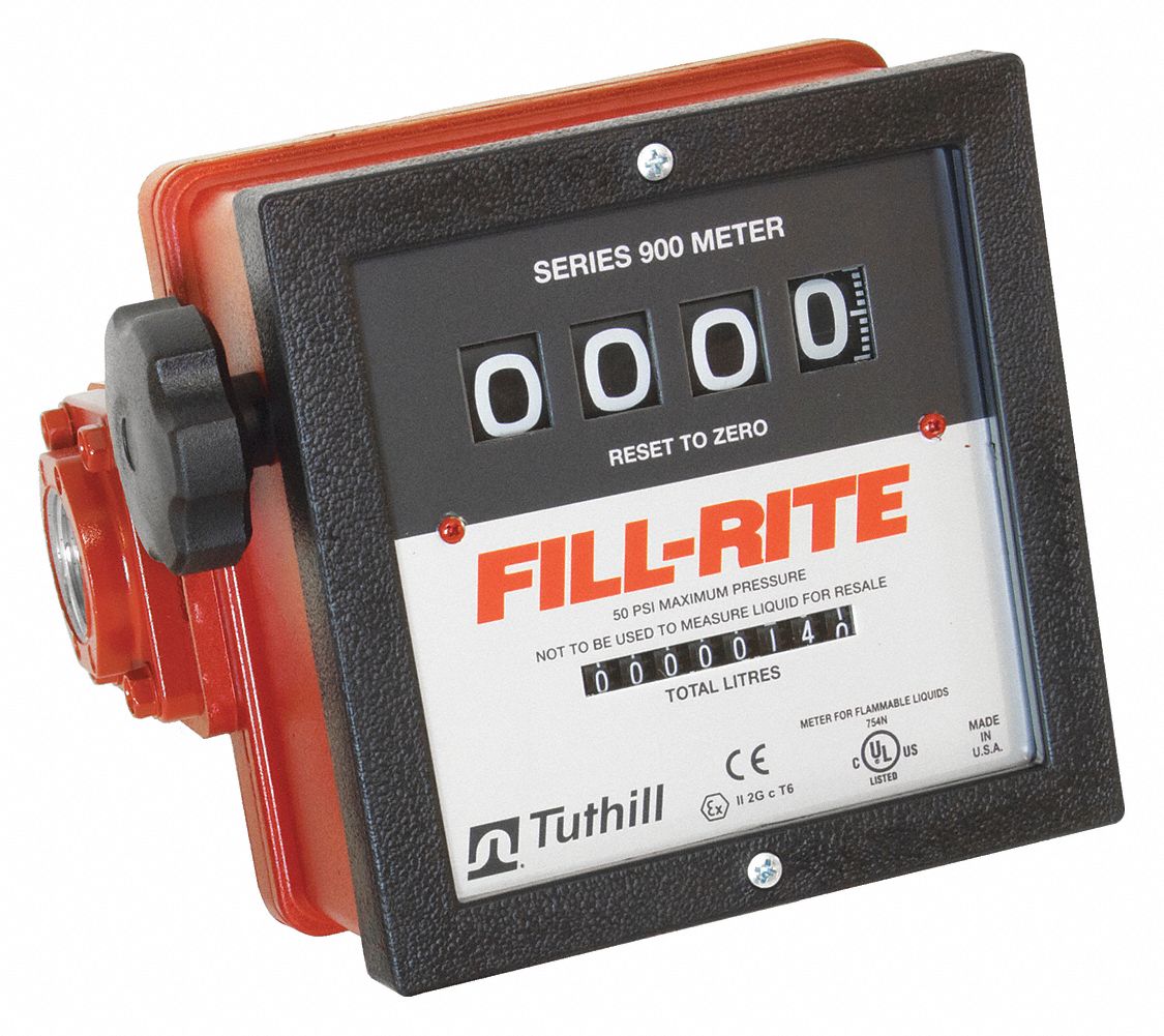 FLOW METER, MECHANICAL, 4 WHEEL, 50 PSI, 6 TO 40 GPM, 1 IN NPT, ALUMINUM/PP/STEEL