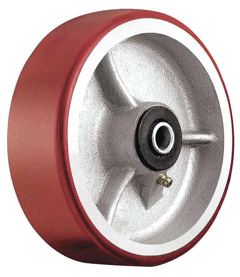 WHEEL, 1200 LB LOAD RATING, RED, 6 IN, MOULD-ON POLYURETHANE AND CAST IRON