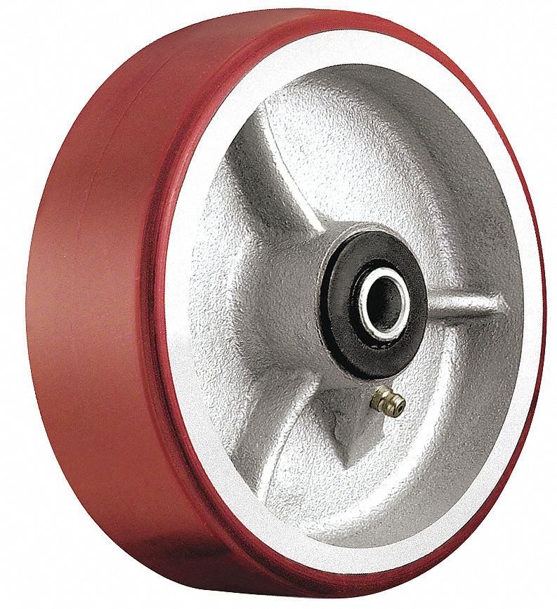 WHEEL, 1500 LB LOAD RATING, RED, 8 IN, MOULD-ON POLYURETHANE AND CAST IRON