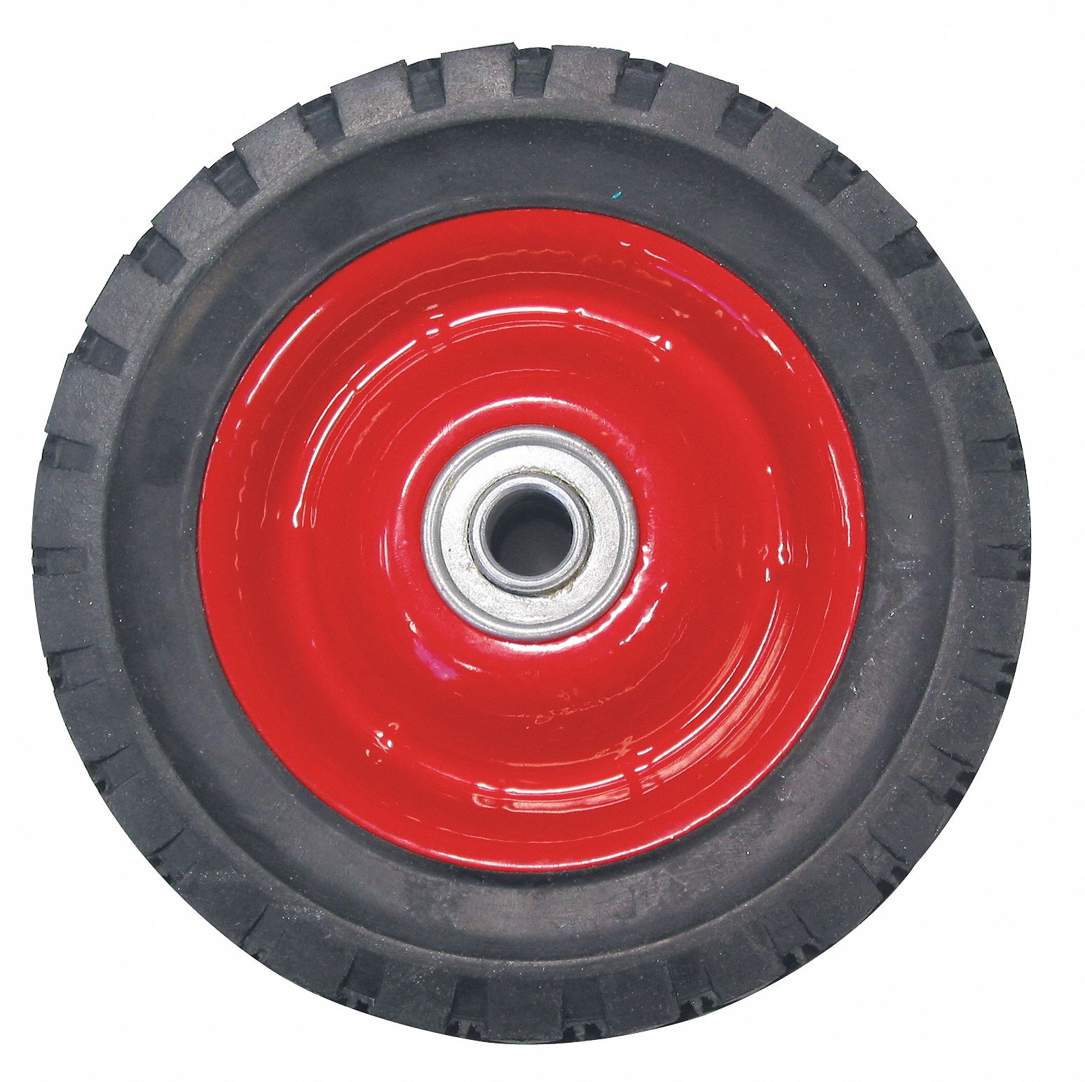 WHEEL, SEMI-PNEUMATIC, PUNCTURE-PROOF, LOAD CAP 150 LB, BLACK/RED, 8 X 2 1/2 IN, STEEL/RUBBER