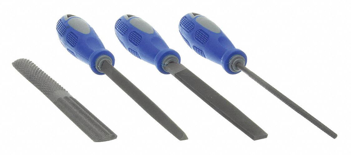 FILE SET, 6 IN FLAT DOUBLE END/6 IN ROUND/6 IN TRIANGULAR, INCLUDES HANDLE, 4 PIECES, POUCH