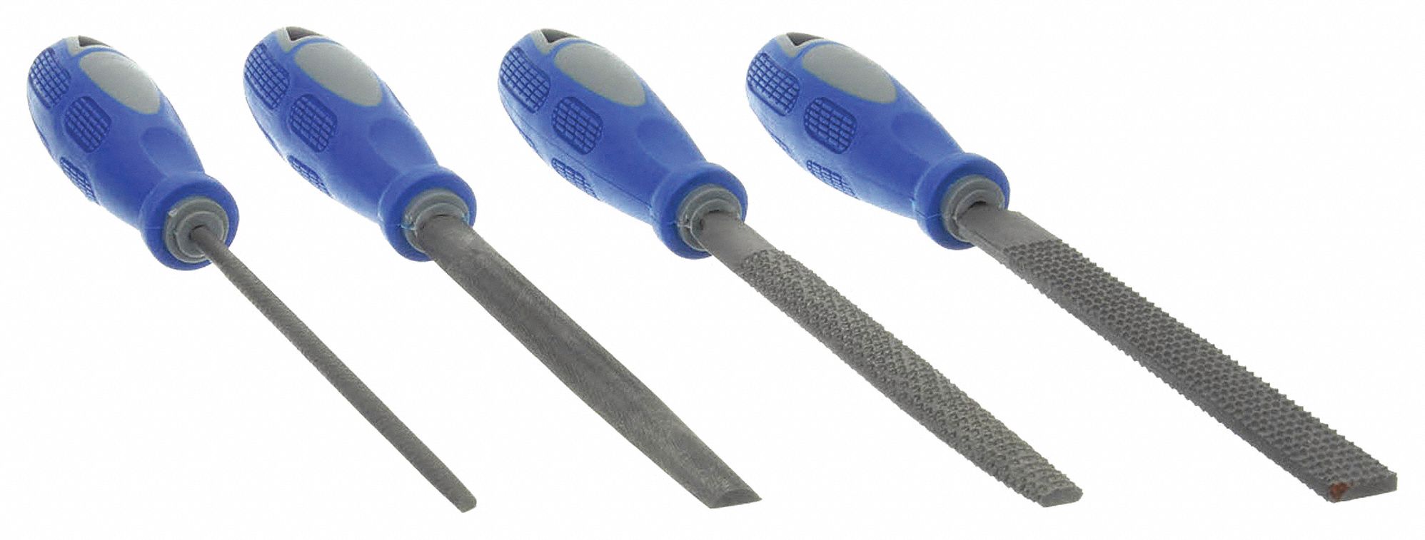 FILE SET, 6 IN FLAT WOOD RASP/6 IN HALF ROUND/6 IN HALF ROUND WOOD RASP/6 IN ROUND, INCLUDES HANDLE