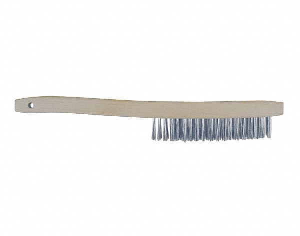 SCRATCH BRUSH, SHORT/CURVED HANDLE, 4 X 19 ROWS, 14 IN OAL/6 IN BRUSH/1 1/8 TRIM, STAINLESS/WOOD