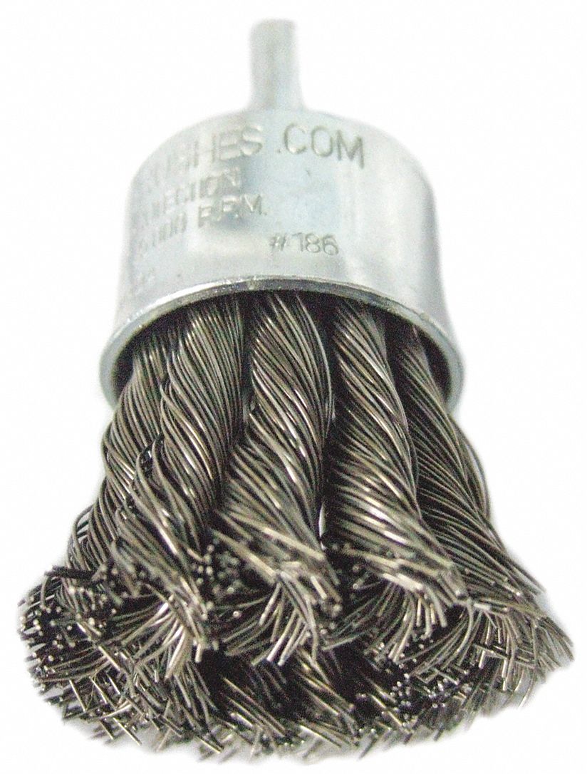 END BRUSH, KNOTTED WIRE, DE-BURRING, 25000 RPM, DIA 1 IN, TRIM 1 IN, FIL 0.14 IN, STEEL