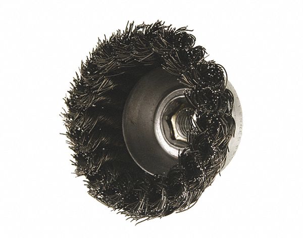 KNOT WIRE CUP BRUSH, 14000 MAX RPM, THREADED ARBOR, 2 3/4 IN, 0.014 IN WIRE